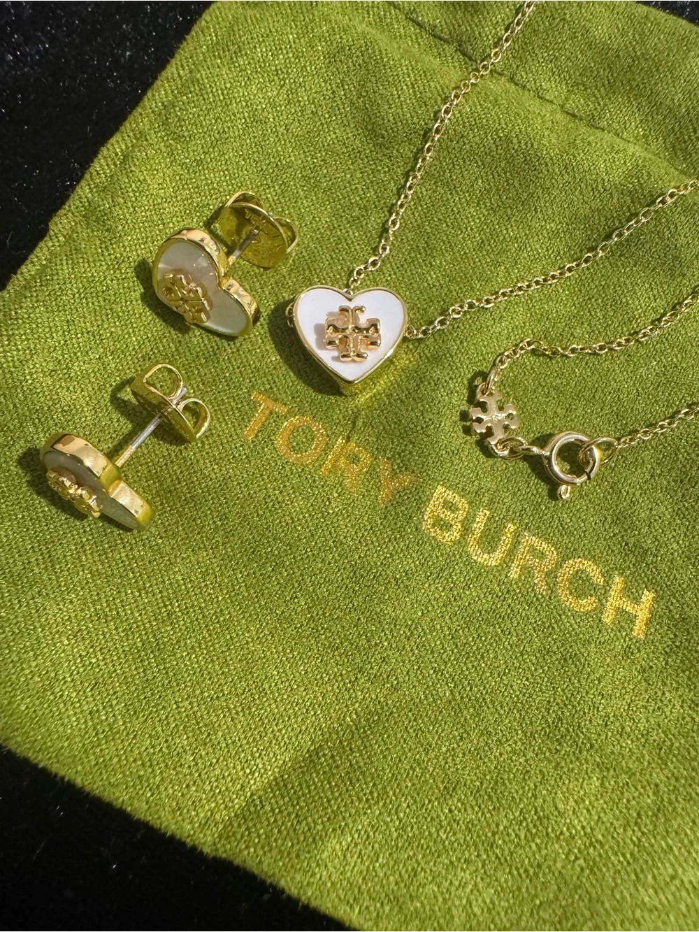 Tory Burch Gold and White Heart Logo Necklace with Matching Studs